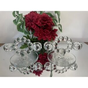 Vintage Etched Cornflower Crystal‎ Bubble Loop Candle Holders Likely W.J. Hughes